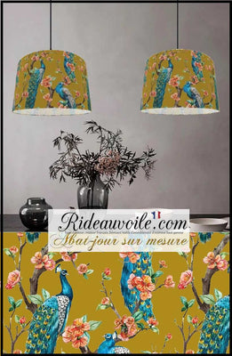 Luminaire spécialiste intérieur luxe abat-jour sur mesure tissu motif feuilles Fleurs paons