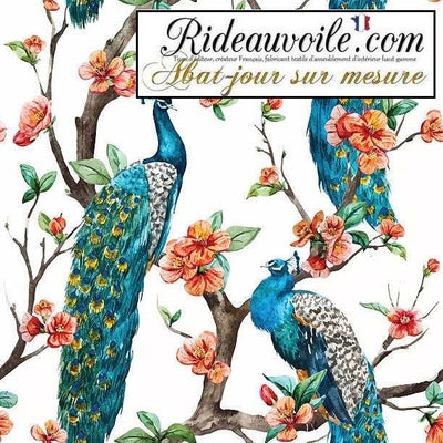 Luminaire spécialiste luxe abat-jour sur mesure tissu  motif feuilles Fleurs paons bleu