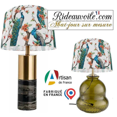 Luminaire spécialiste luxe abat-jour sur mesure tissu  motif feuilles Fleurs paons bleu