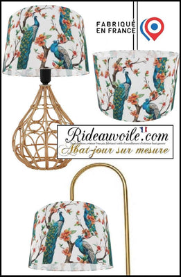 Luminaire spécialiste luxe abat-jour sur mesure tissu  motif feuilles Fleurs paons bleu