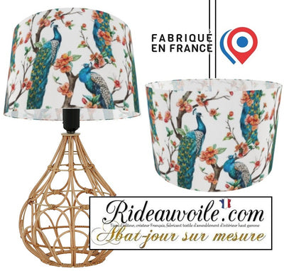 Luminaire spécialiste luxe abat-jour sur mesure tissu  motif feuilles Fleurs paons bleu