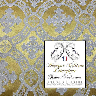 Tissu ameublement liturgique Brocart Jaune Or Blanc au mètre rideau tapisserie