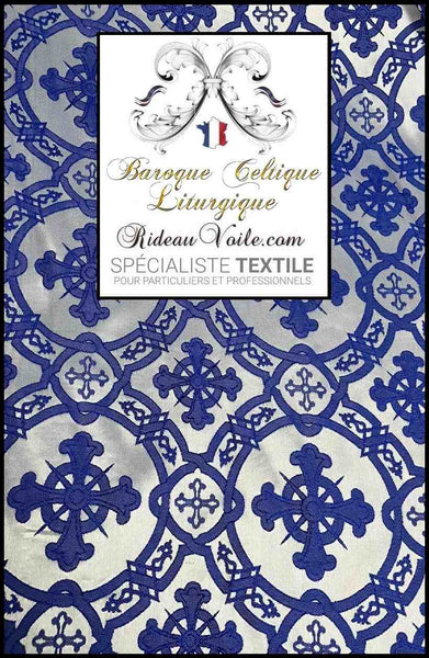 Tissu ameublement Vintage Médiéval ornement Liturgique Brocart léger au mètre bleu