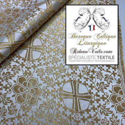 Tissu ameublement Vintage Médiéval Or Blanc Liturgique Brocart floral au mètre