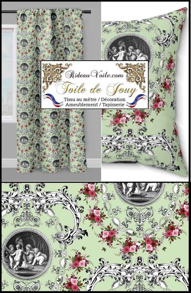 Tissu jacquard ameublement imprimé floral ornement motif Toile de Jouy anges fond vert clair haut gamme. Décoratrice d'architecte d'intérieur. Boutique Confection voilage, rideau au mètre.