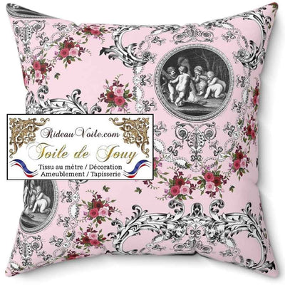Tissu jacquard ameublement imprimé floral ornement Baroque motif Toile de Jouy anges fond rose. Décoratrice d'architecte d'intérieur. Boutique Confection voilage, rideau au mètre. Ignifugé occultant.