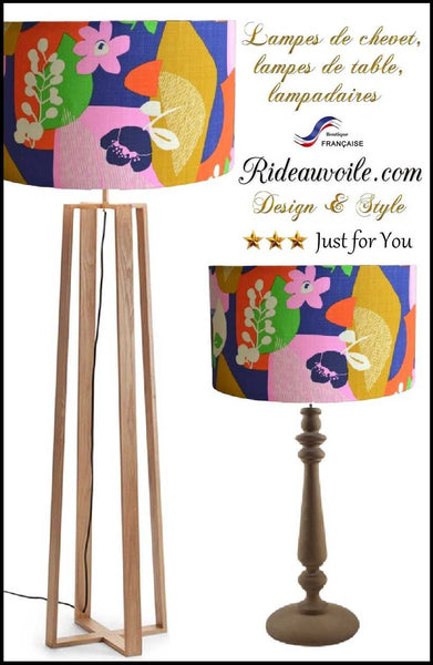 Boutique lumière spécialiste Luminaire éclairage Abat jour cylindrique en tissu 100% coton motif floral fleuri rétro. Artisan artisanal, fait main en France. Idéal pied de lampe à poser, lampadaire chambre ou salon. Architecte intérieur décoratrice agencement rénovation.