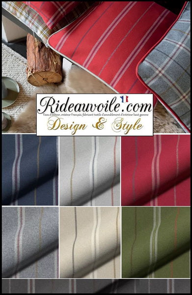 Tissu d’ameublement textile style maison de campagne &amp; Chalet à motifs rayés.
On apprécie cet aspect intemporel et très bonnes propriétés du produit qui est ignifuge et donc retardateur de flamme.
