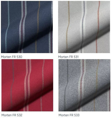 Tissu d’ameublement textile style maison de campagne & Chalet à motifs rayés.
On apprécie cet aspect intemporel et très bonnes propriétés du produit qui est ignifuge et donc retardateur de flamme.