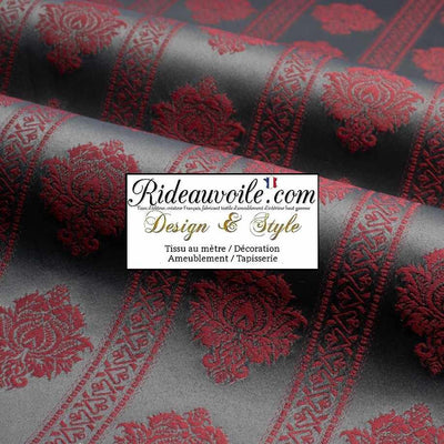 Tissu ameublement Jacquard Damas Damasco Damassé rouge gris rayure florale
