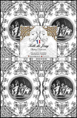 Collection motif imprimé design Toile de Jouy Les Anges à ornements Baroque - Tissu haute couture d'ameublement pour la décoration d'intérieur, la tapisserie (murale & siège). Disponible dans différentes matières au mètre - Service de confection sur mesure à votre disposition. Taille du motif  Largeur 55 cm x Hauteur 78.77 cm 