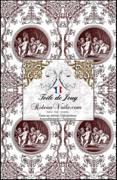 Tissu d'éditeur d'ameublement décoration d'architecte patrimoine historique pour tapisserie Anges Angelots Toile de Jouy. Textile ornements imprimé Baroque. Confection rideau au mètre. Ignifugé occultant sur velours cuir et laine.