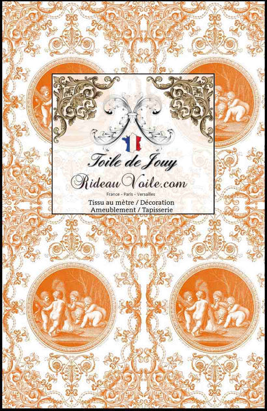 Tissu d'ameublement imprimé Toile de Jouy intemporelle orange au mètre