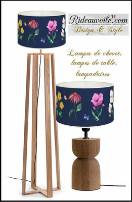 Abat-jour floral bleu marine avec motifs de fleurs sauvages et papillons - Décoration intérieure