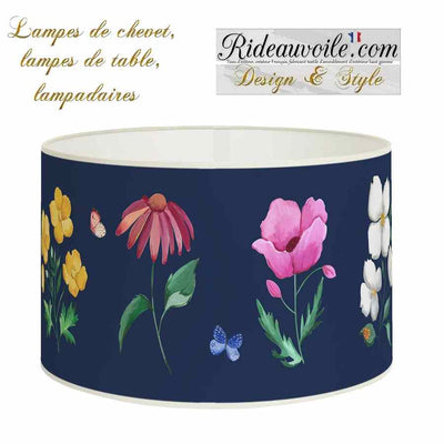 Abat-jour floral bleu marine avec motifs de fleurs sauvages et papillons - Décoration intérieure