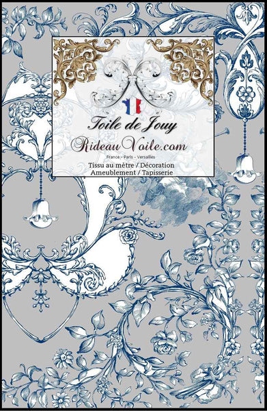 Tissu Design Toile de Jouy bleu gris ameublement imprimé florale fleurs feuilles anges