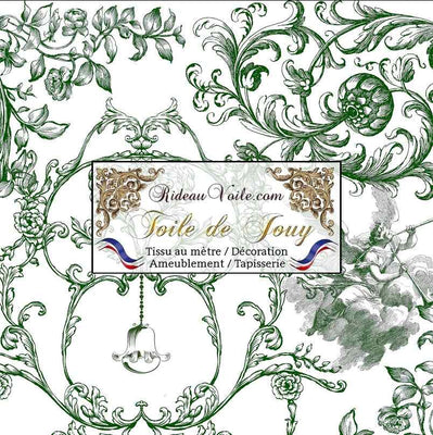 Tissu ameublement imprimé luxe Toile de Jouy vert confection sur mesure rideau voilage