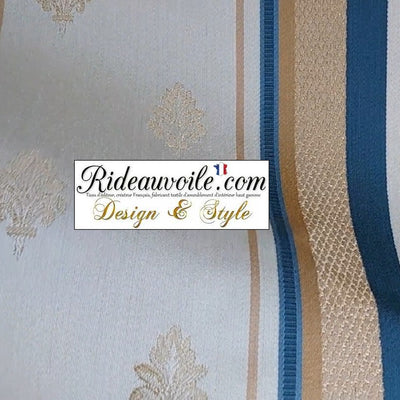 Boutique tissus ameublement rayé Baroque Jacquard rayure rococo or bleu marine mètre 140 cm. Éditeur textile tapisserie décoratrice couture siège
