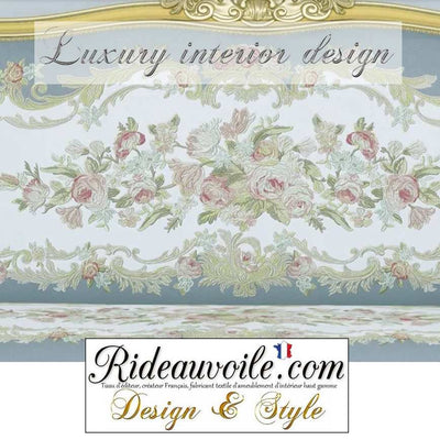 Rideauvoile.com | Décoratrice architecte décorateur intérieur Aubusson design Tissu velours bleu gris ameublement motif broderie bouquet fleurs canapé ornement style Baroque mètre. Décoration art tapisserie siège Paris Versailles, Monaco.