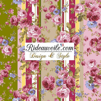 Tissu d'ameublement style cottage chic à rayures, motif ancien floral vintage disponible au mètre pour la décoration d'intérieur et la tapisserie (siège et murale). Service de confection sur mesure à disposition.