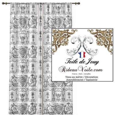 Tissu luxe haut gamme Paris Versailles ameublement imprimé grec ornement Baroque motif Toile de Jouy noir blanc. Décoratrice d'architecte d'intérieur. Boutique Confection voilage, rideau au mètre. Ignifugé occultant.