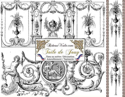 Tissu luxe haut gamme Paris Versailles ameublement imprimé grec ornement Baroque motif Toile de Jouy noir blanc. Décoratrice d'architecte d'intérieur. Boutique Confection voilage, rideau au mètre. Ignifugé occultant.