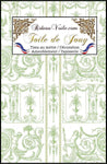 Tissu luxe haut gamme Paris Versailles ameublement imprimé grec ornement Baroque motif Toile de Jouy vert tilleul. Décoratrice d'architecte d'intérieur. Boutique Confection voilage, rideau au mètre. Ignifugé occultant.