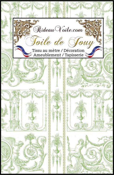 Tissu luxe haut gamme Paris Versailles ameublement imprimé grec ornement Baroque motif Toile de Jouy vert tilleul. Décoratrice d'architecte d'intérieur. Boutique Confection voilage, rideau au mètre. Ignifugé occultant.