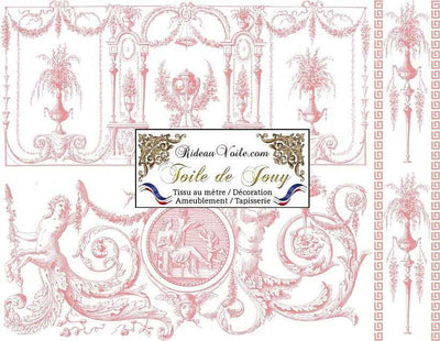 Tissu jacquard ameublement imprimé grec ornement Baroque motif Toile de Jouy rose. Décoratrice d'architecte d'intérieur. Boutique Confection voilage, rideau au mètre. Ignifugé occultant.