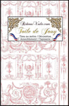 Tissu jacquard ameublement imprimé grec ornement Baroque motif Toile de Jouy rose. Décoratrice d'architecte d'intérieur. Boutique Confection voilage, rideau au mètre. Ignifugé occultant.