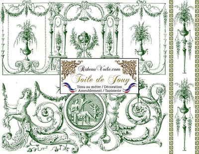 Tissu jacquard ameublement imprimé floral ornement Baroque motif Toile de Jouy vert fond. Décoratrice d'architecte d'intérieur. Boutique Confection voilage, rideau au mètre. Ignifugé occultant.