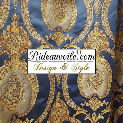 Tissu Satin bleu ameublement mètre broderie vintage antique Or Baroque rideau