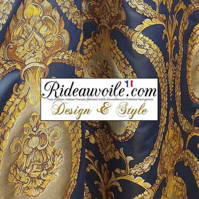 Tissu Satin bleu ameublement mètre broderie vintage antique Or Baroque rideau