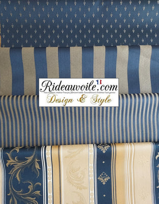 Boutique tissus ameublement rayé Baroque Jacquard rayure rococo or bleu marine mètre 140 cm. Éditeur textile tapisserie décoratrice couture siège