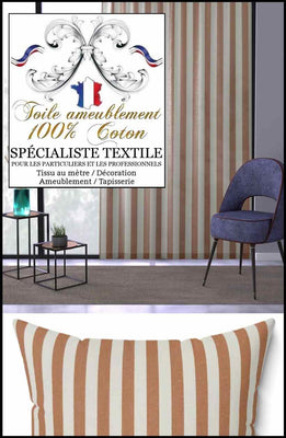 Toile éditeur d'ameublement Coton rayures orange goyave au mètre rideau tapisserie