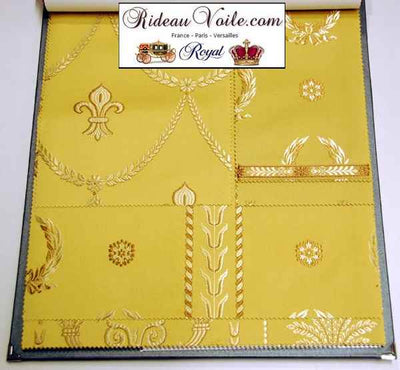 Tissu ameublement Jacquard jaune motif couronne Napoleon interior confection sur mesure rideau hospitality Résidential collection Architecte Designer rénovation. 