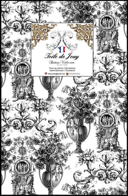 Tissu d'éditeur d'ameublement luxe haut gamme décoratrice d'architecte patrimoine historique pour tapisserie Antique ornement motif Toile de Jouy. Textile imprimé Baroque. Confection voilage, rideau au mètre. Ignifugé occultant sur velours cuir et laine.