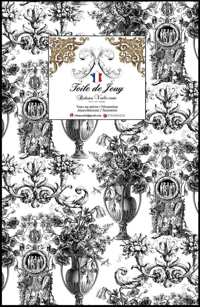 Tissu d'éditeur d'ameublement luxe haut gamme décoratrice d'architecte patrimoine historique pour tapisserie Antique ornement motif Toile de Jouy. Textile imprimé Baroque. Confection voilage, rideau au mètre. Ignifugé occultant sur velours cuir et laine.