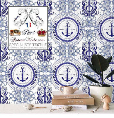 Toile de Jouy tissu haut gamme imprimé style Marin Pêcheur Anchor design Interior