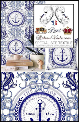 Toile de Jouy tissu haut gamme imprimé style Marin Pêcheur Anchor design Interior