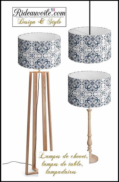 Abat jour rond sur mesure tissu bleu ornement Baroque floral feuilles imprimés volutes