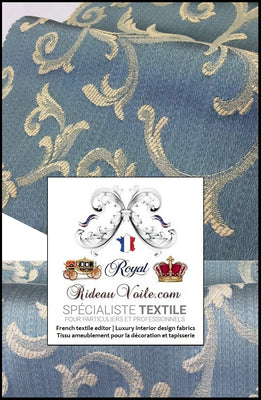 Tissu ameublement bleu ivoire Jacquard au mètre stylet vénitien ornement Baroque Luxe Paris textile architect interior fabrics. Textile d'éditeur tapisserie haut gamme siège. Décoration d'intérieure rideaux, canapé, fauteuil. French fabrics upholtery furnishing drapes curtain tapestry.