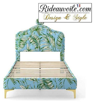 Tissu imprimé feuilles fleurs tropical feuillages bleu vert Jouy
