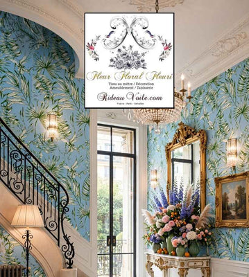 Tissu imprimé feuilles fleurs tropical feuillages bleu vert Jouy