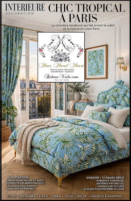 Tissu imprimé feuilles fleurs tropical feuillages bleu vert Jouy