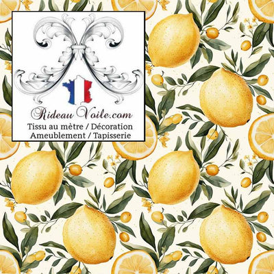 Tissu décoratif au mètre / papier peint motif agrume imprimé citron citrus rideau voilage