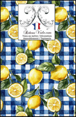 Imprimé vichy carreaux bleu  motif agrume citron botanique citrus tissu ameublement mètre