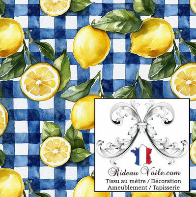 Imprimé vichy carreaux bleu  motif agrume citron botanique citrus tissu ameublement mètre