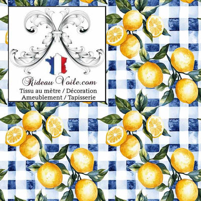 Tissu au mètre papier peint motif agrume imprimé citron citrus rideau voilage velours bleu