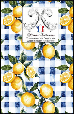 Tissu au mètre papier peint motif agrume imprimé citron citrus rideau voilage velours bleu